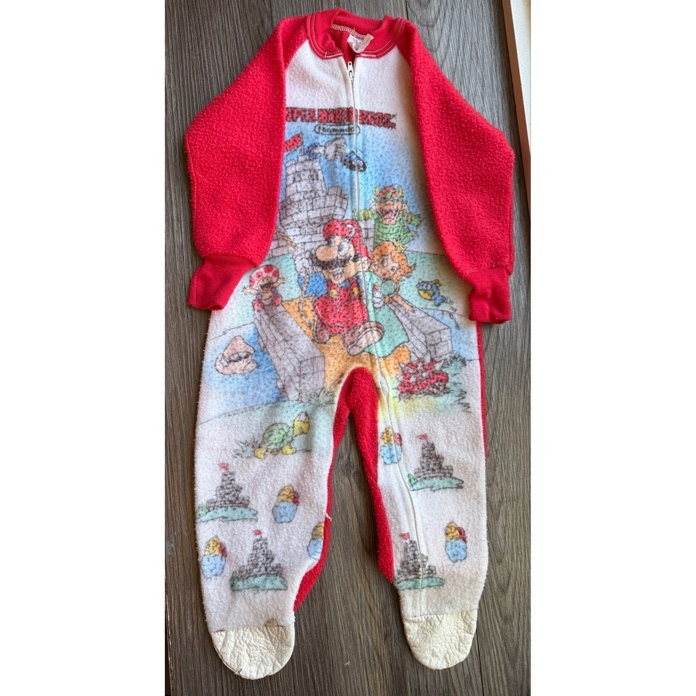 Vintage Orion Super Mario Bros Nintendo Fleece Footed Pajamas Red White 2T USA